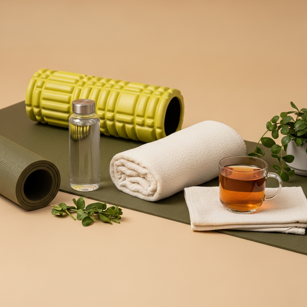 Thảm tập, foam roller, khăn mềm, bình nước và trà thảo mộc cho phục hồi cơ thể đúng cách